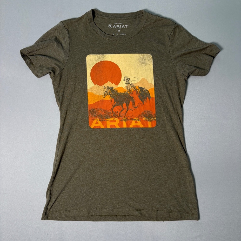Ariat Womens Western Graphic Tee Olive Green Desert Horse Sunset T-Shirt Size M